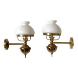 Pair of antique brass and opaline wall lights