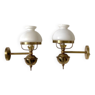 Pair of antique brass and opaline wall lights