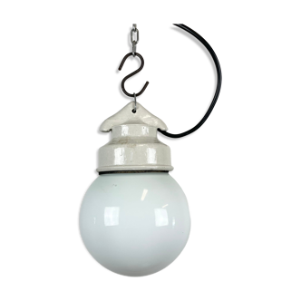 Industrial White Porcelain Pendant Light with Milk Glass, 1970s