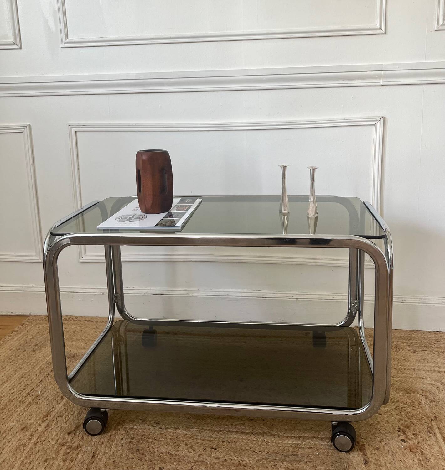 Rolling serving cart in chromed steel and smoked glass, 70s design