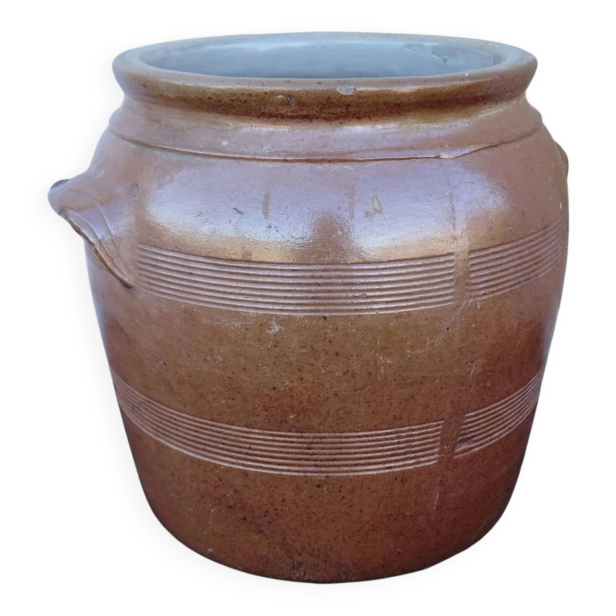 Grand pot ancien français en céramique à glaçure salée, 32 cm