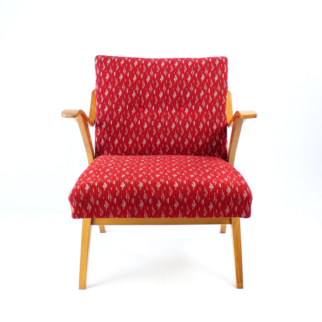 Fauteuil en tissu rouge original et bois blond, Tchécoslovaquie années 1960