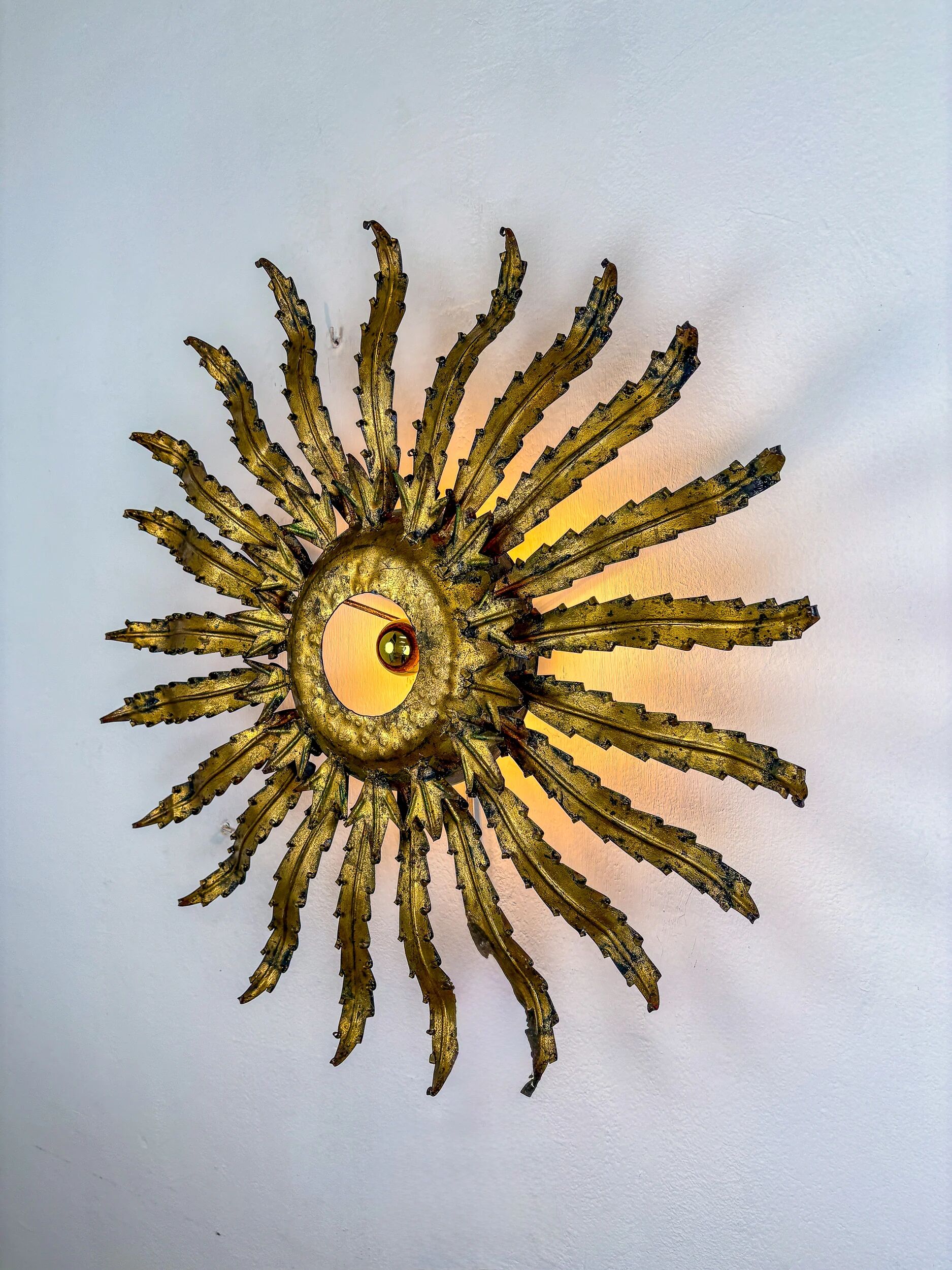 Large French sunburst flower leafed light fixture in gilt metal, 1960s