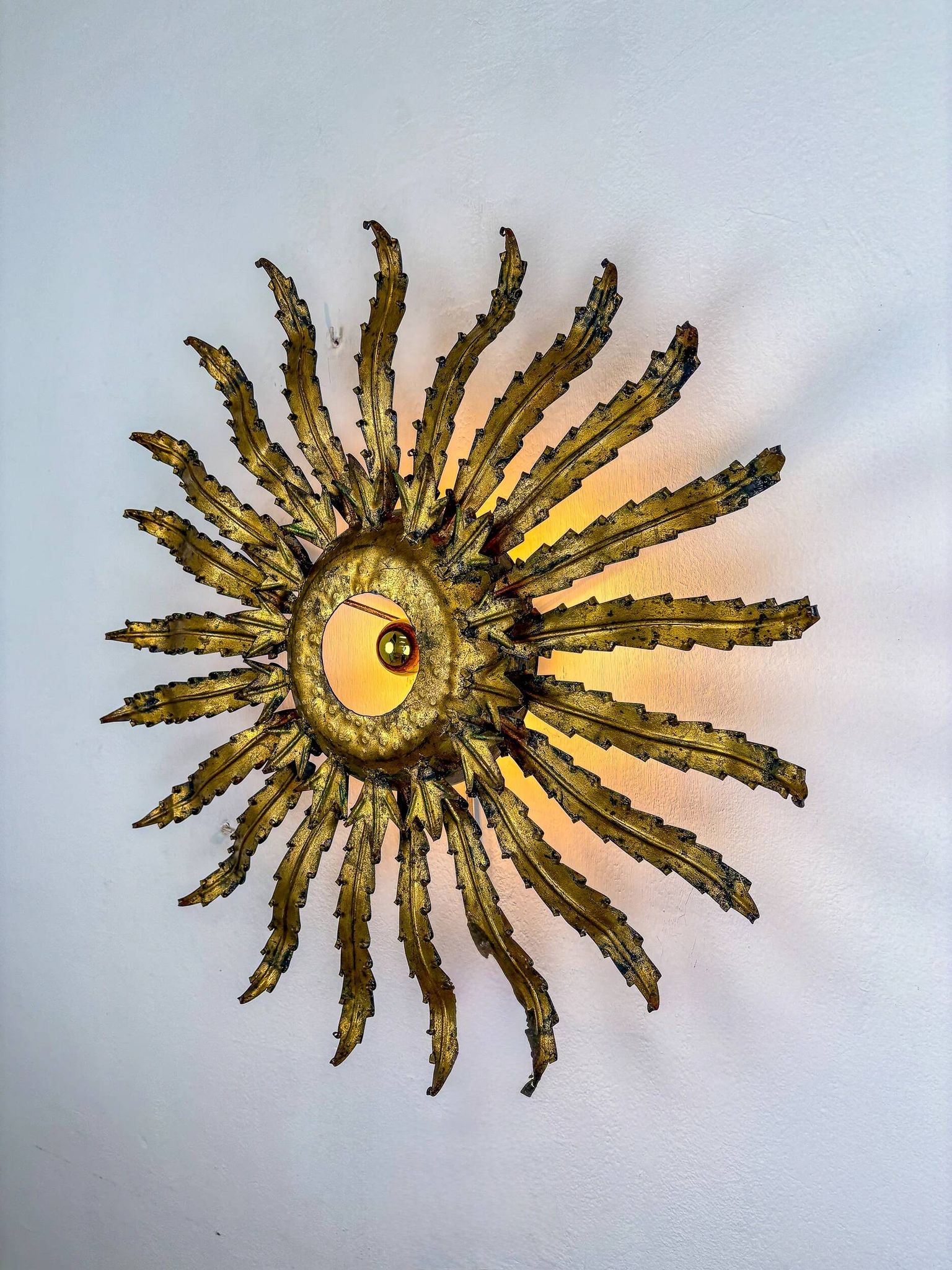 Large French sunburst flower leafed light fixture in gilt metal, 1960s