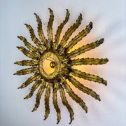 Large French sunburst flower leafed light fixture in gilt metal, 1960s