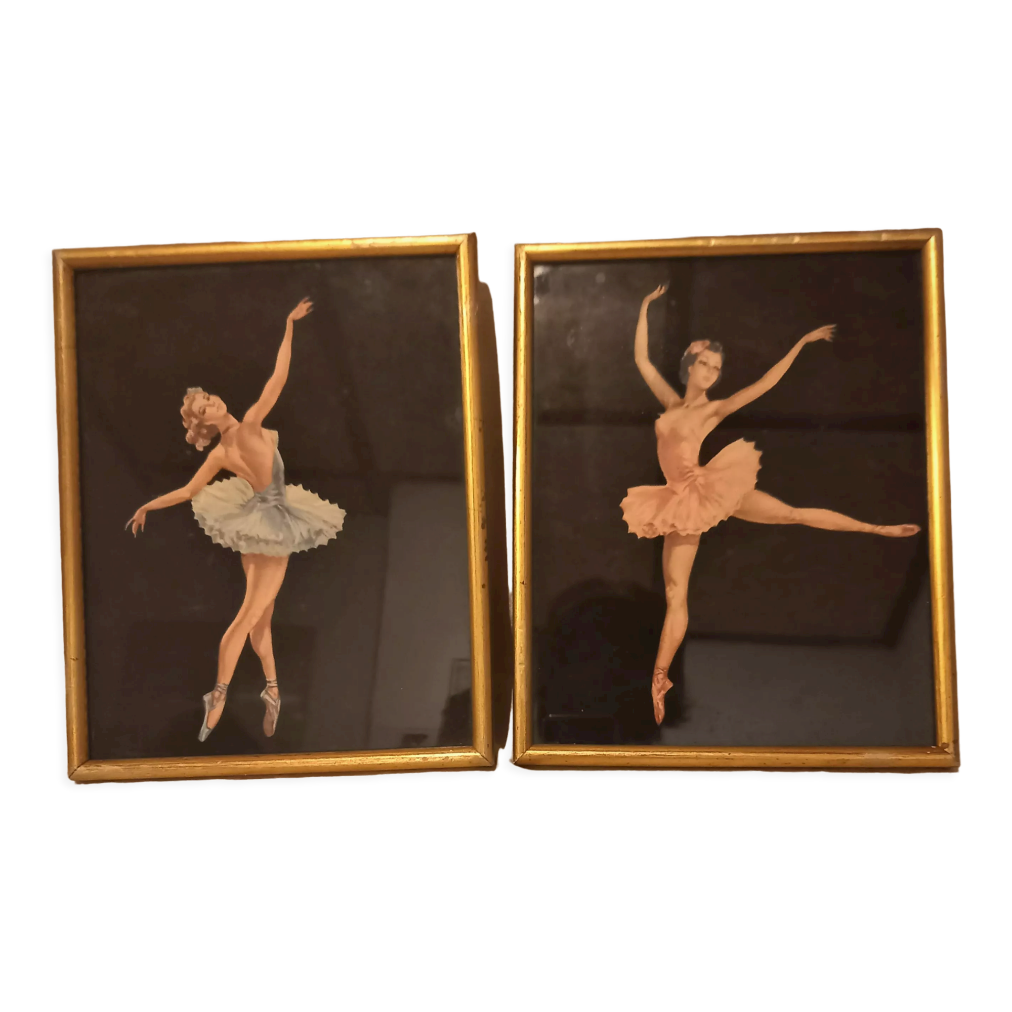 Two ballerinas, silhouettes of dancers, collages vintage under gold frame