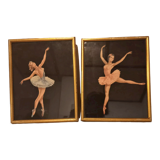 Two ballerinas, silhouettes of dancers, collages vintage under gold frame