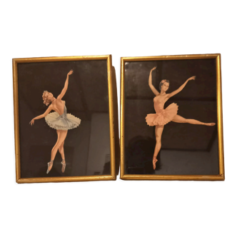 Two ballerinas, silhouettes of dancers, collages vintage under gold frame