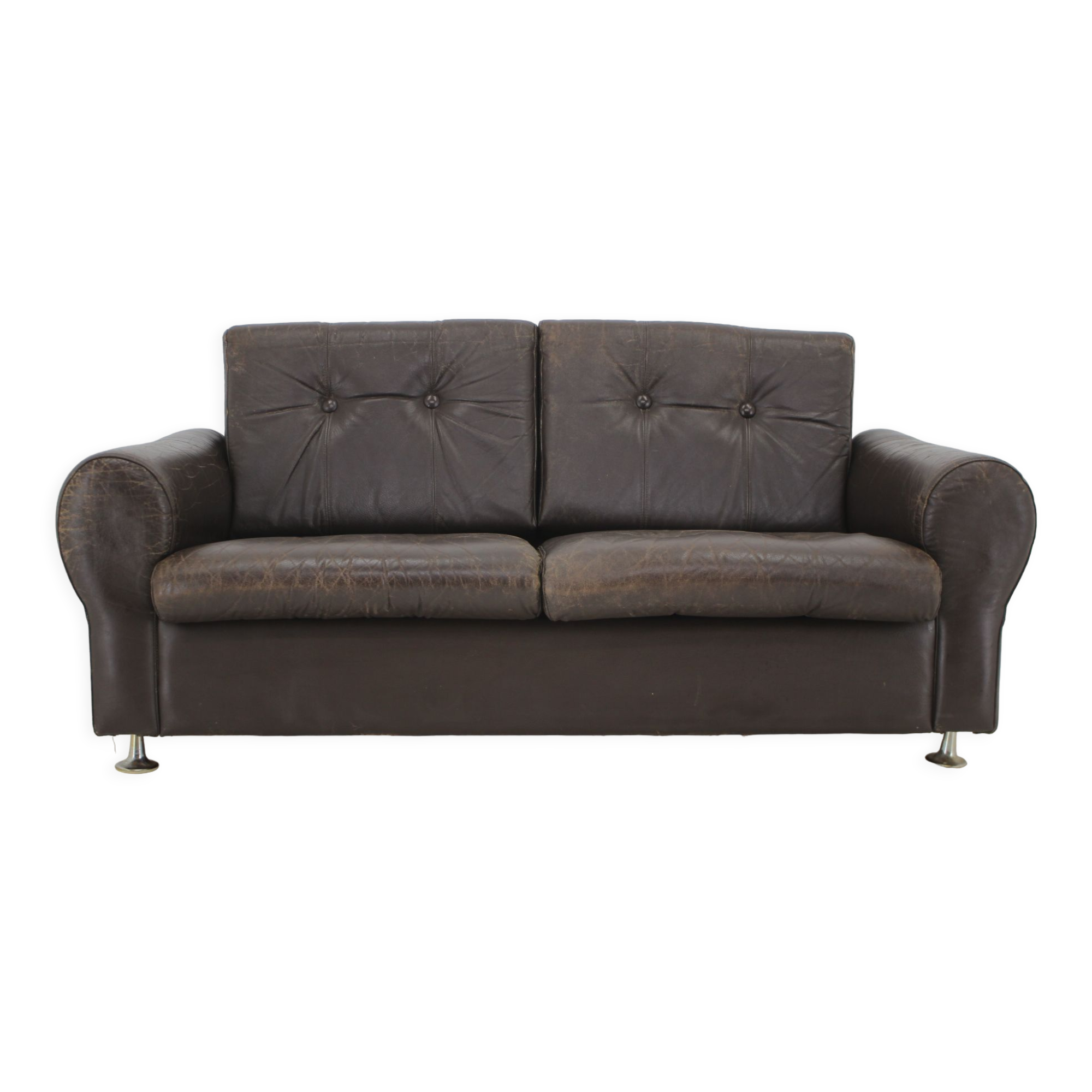 1970s Danish Brown Leather 2 Seater Sofa