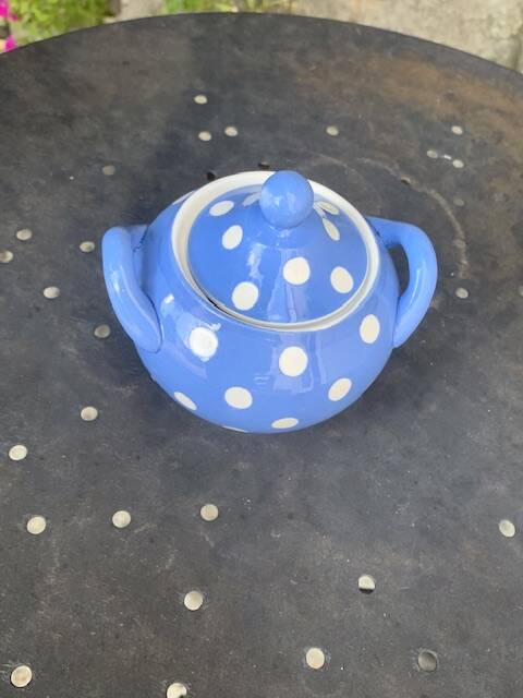 Lavender blue earthenware tea service with white polka dots from Digoin Sarreguemines.
