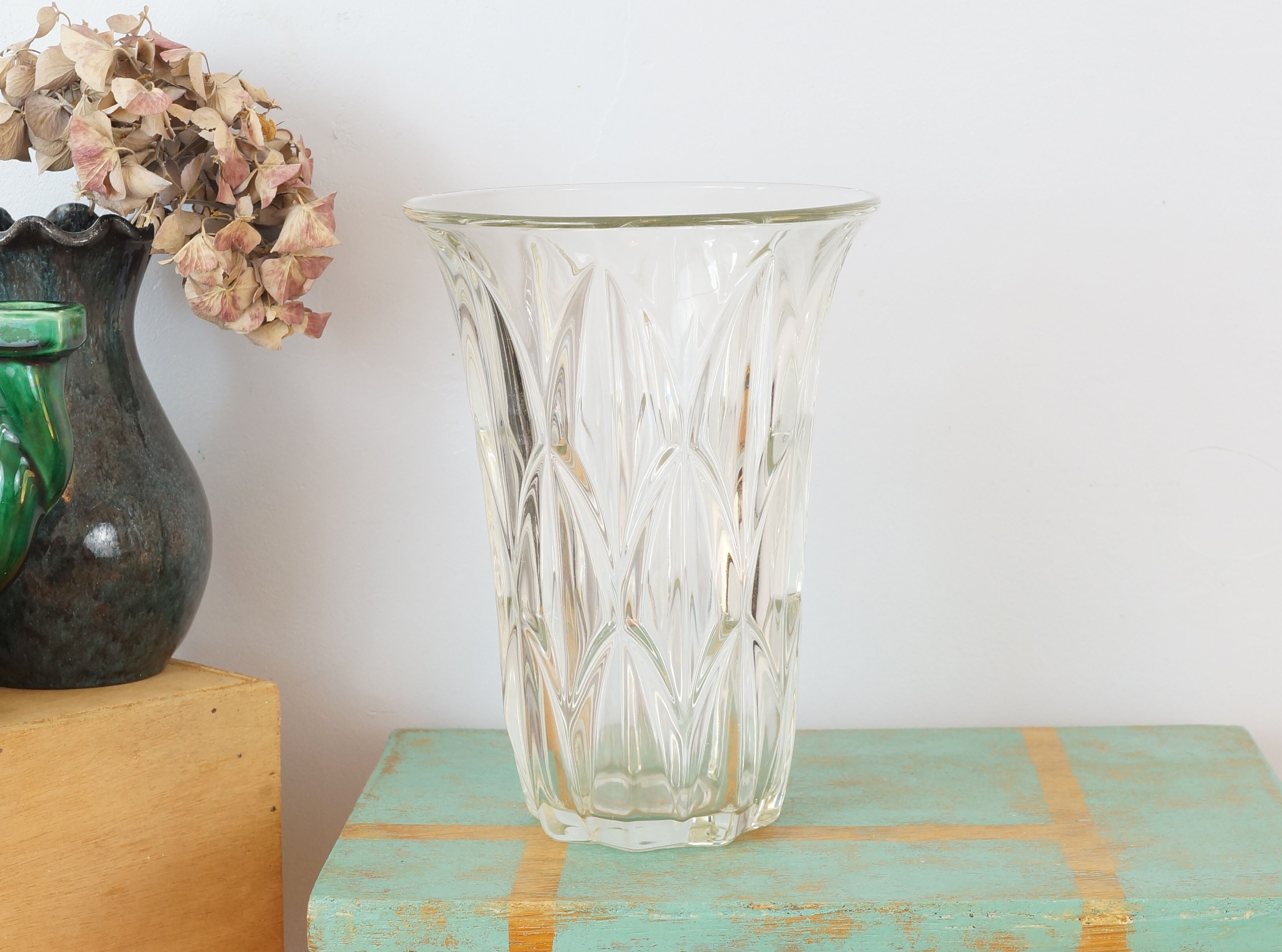 Large art deco style molded glass vase, foliage pattern