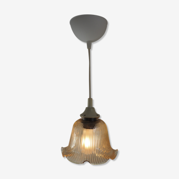 Striated tulip shape pendant lamp, smoked glass