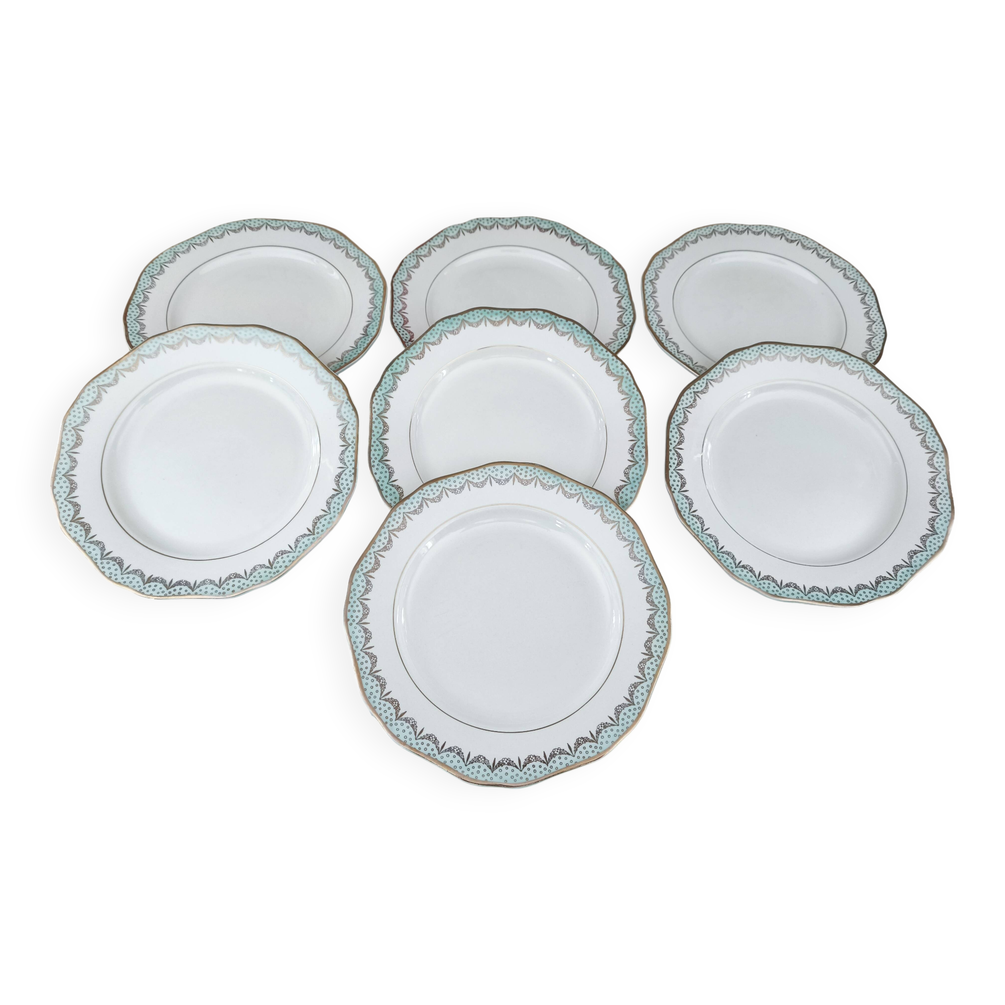 Set of 7 Longwy France earthenware dessert plates, Trianon model