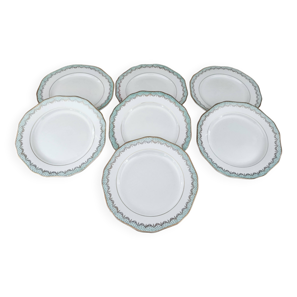 Lot de 7 assiettes à dessert en faïence Longwy France modèle Trianon