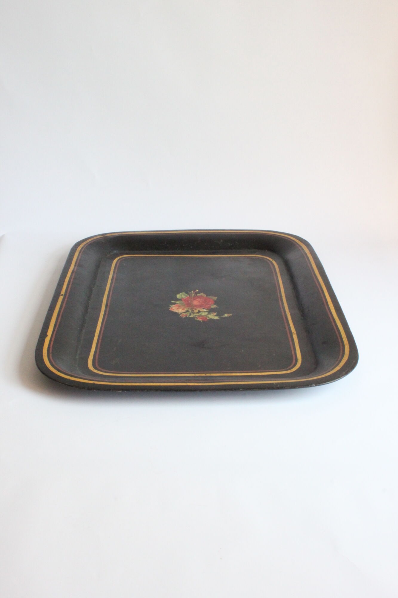 Black toleware painted metal serving tray 19th century