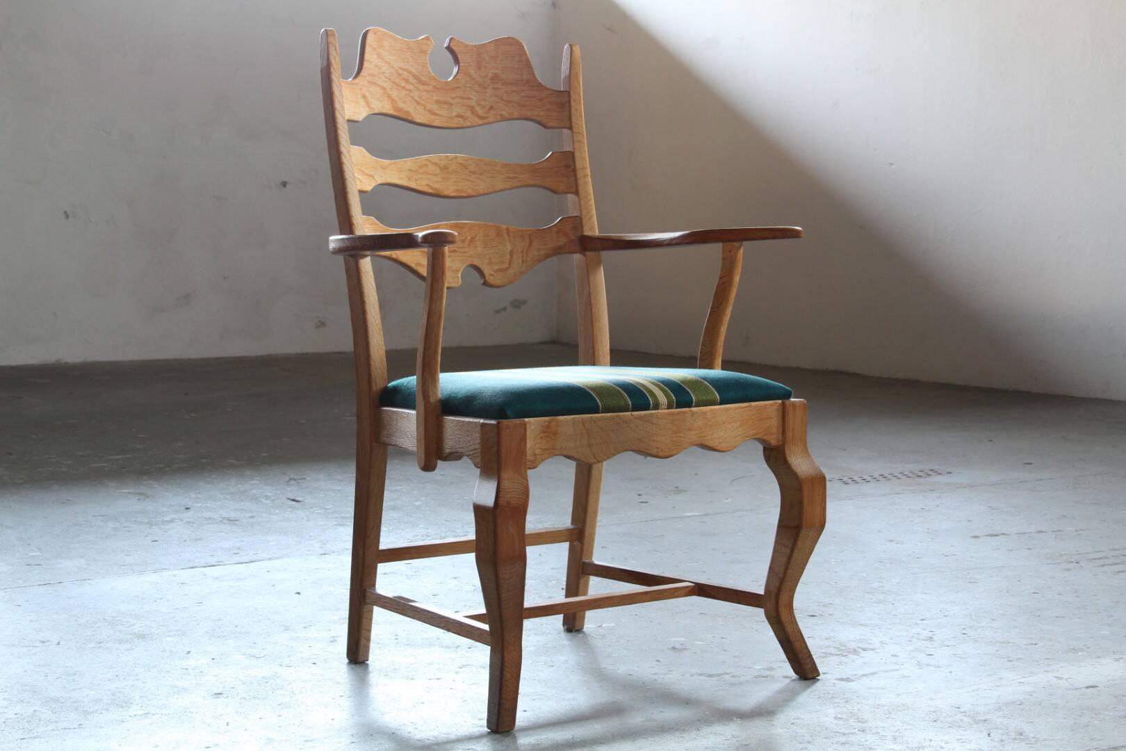 Vintage Brutalist Oak Razorblade Green Striped Armchair by H Kjærnulf, 1960