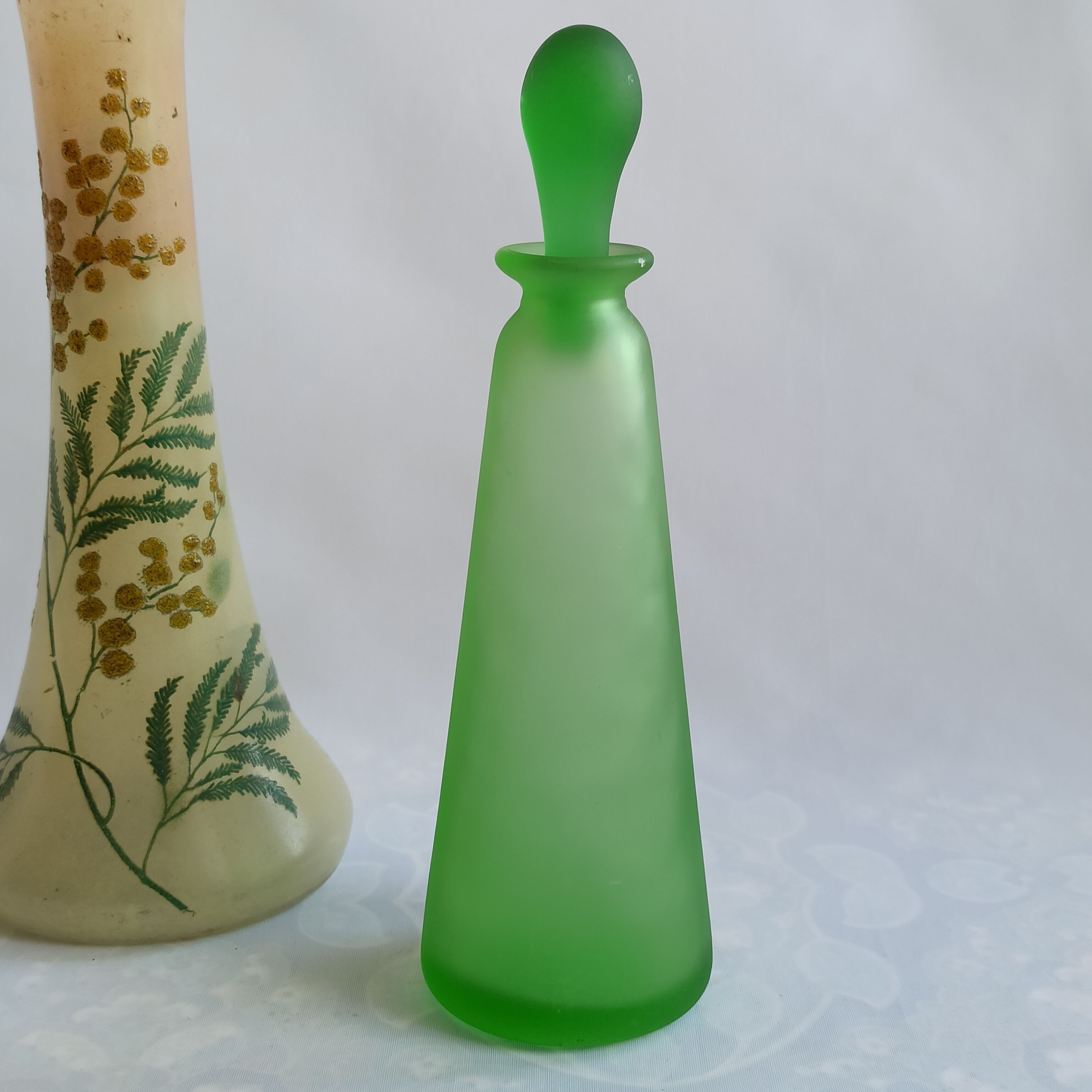 Vintage green satin blown glass bottle