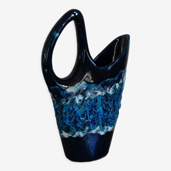 Vase bleu fat lava Vallauris décor écume de mer années 70