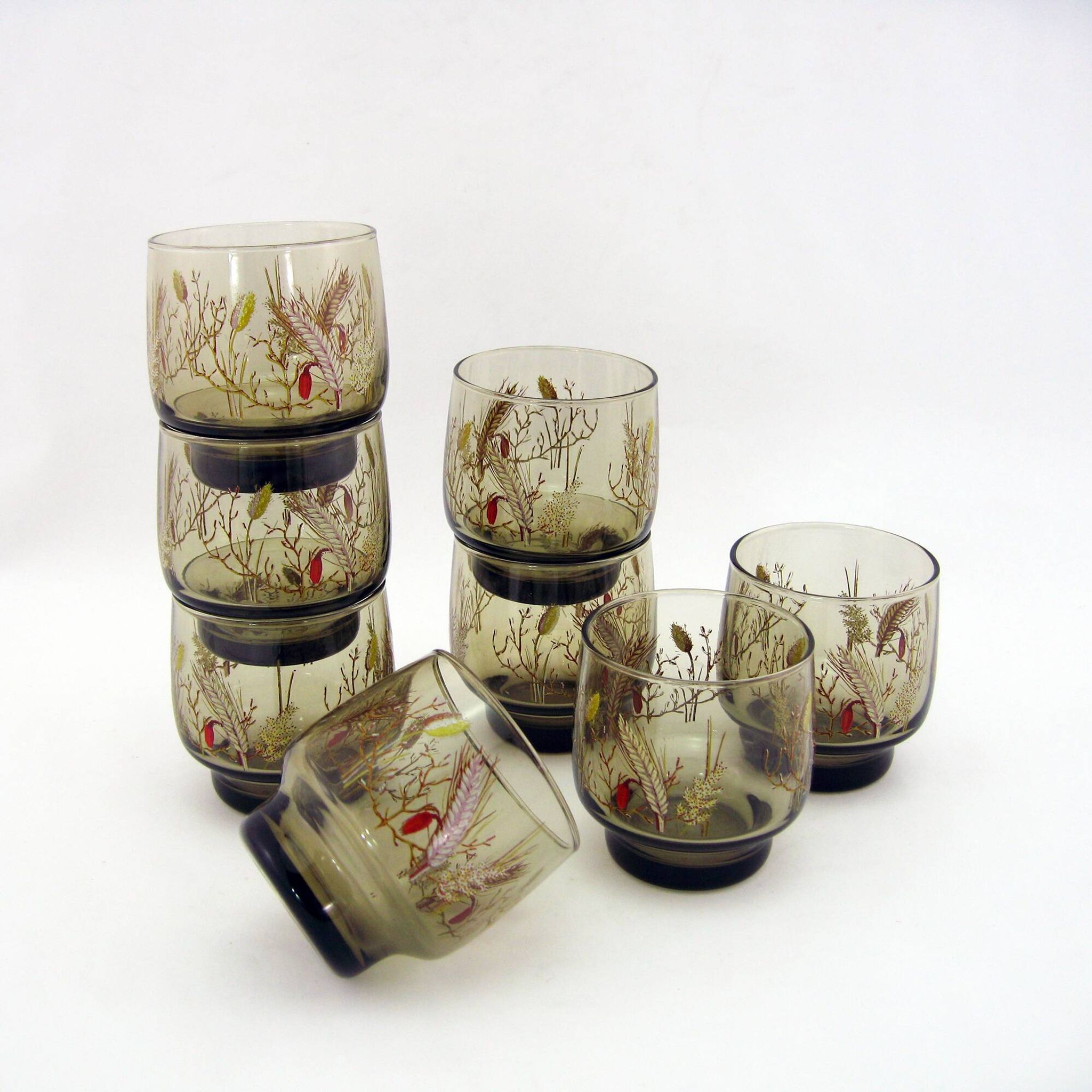 8 smoked glass goblets - Tivoli Luminarc Arcoroc France - vintage 70s
