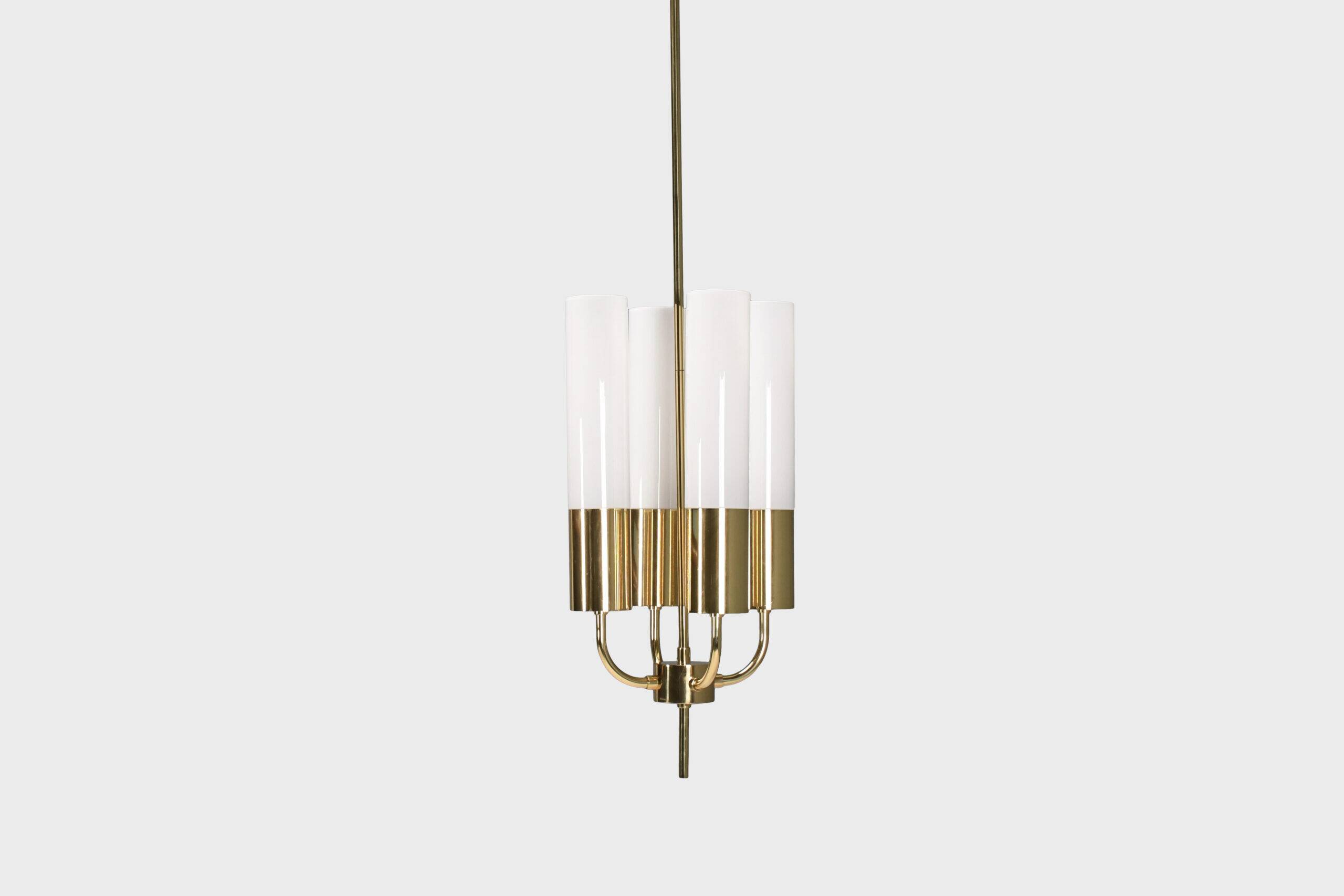 Large Glashütte Limburg brass & opaline chandelier, Germany, 1970s