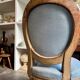 Medallion back chair in reclaimed wood and blue cotton, 18th century.