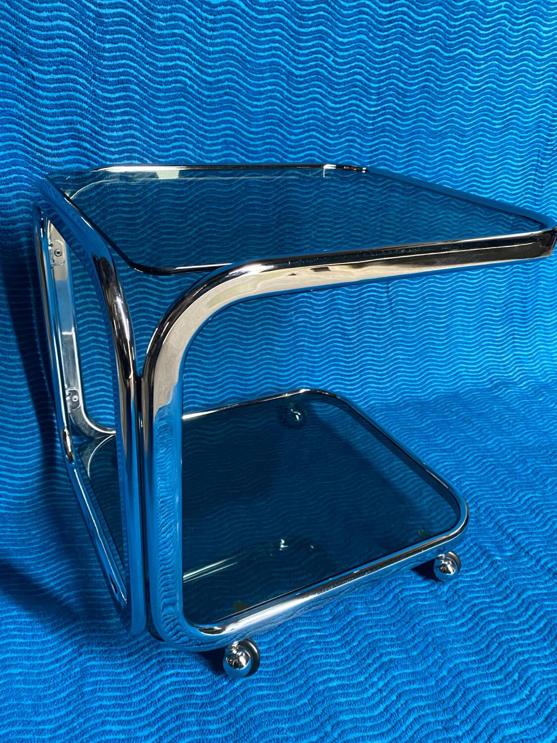 Vintage 1970 rectangular chrome oval profile rolling dessert trolley 2