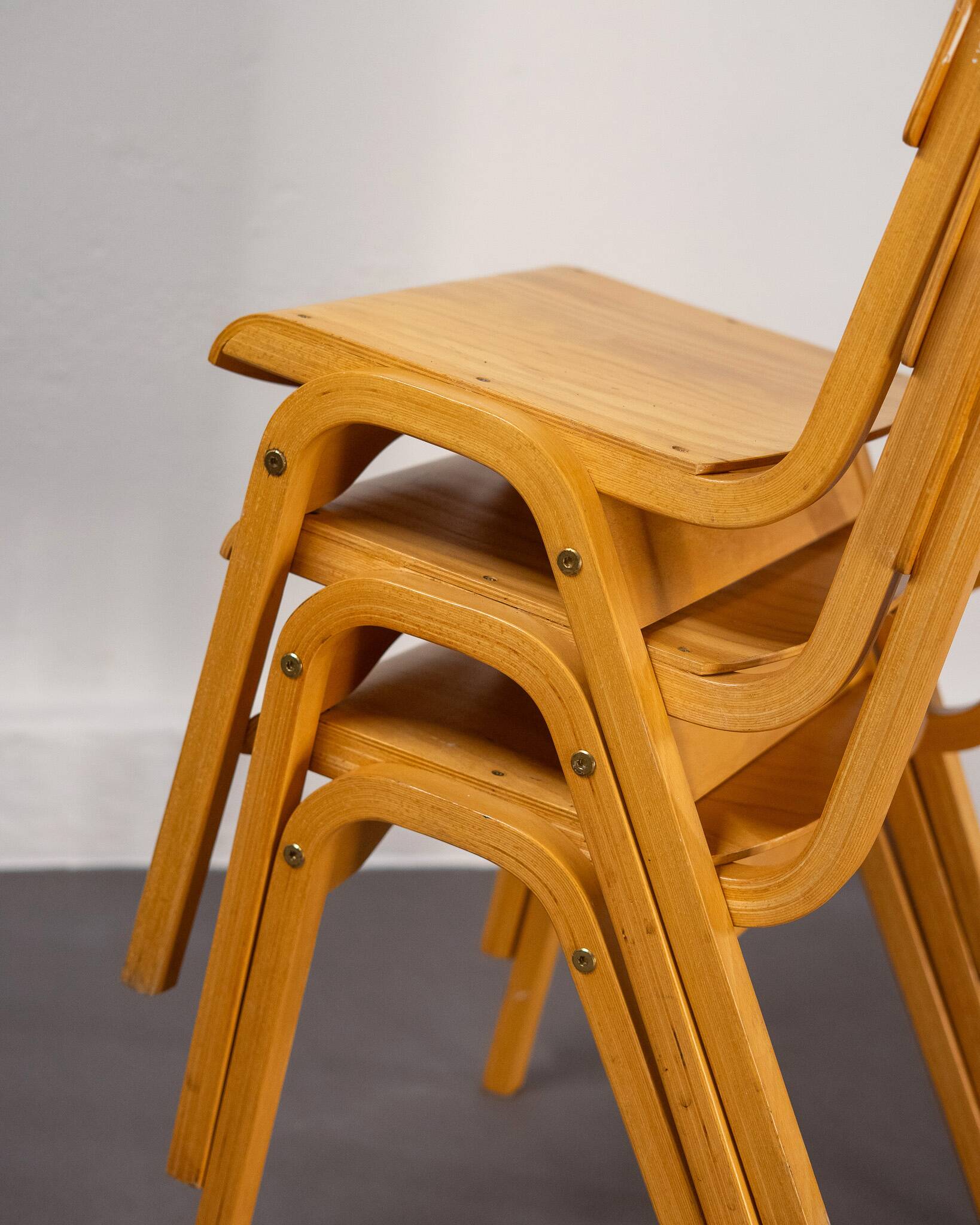 Vintage Stackable School Chairs made of wood and plywood, UK, 1970s