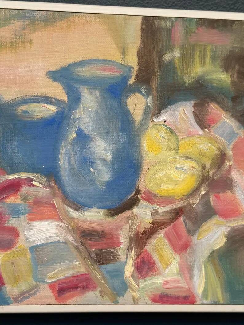 Original Swedish Oil on Panel – “Blue Pitchers and Lemon” by Off – Signed – Vintage and Framed – 37 × 29 cm (14.6 in × 11.4 in)