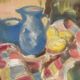 Original Swedish Oil on Panel – “Blue Pitchers and Lemon” by Off – Signed – Vintage and Framed – 37 × 29 cm (14.6 in × 11.4 in)
