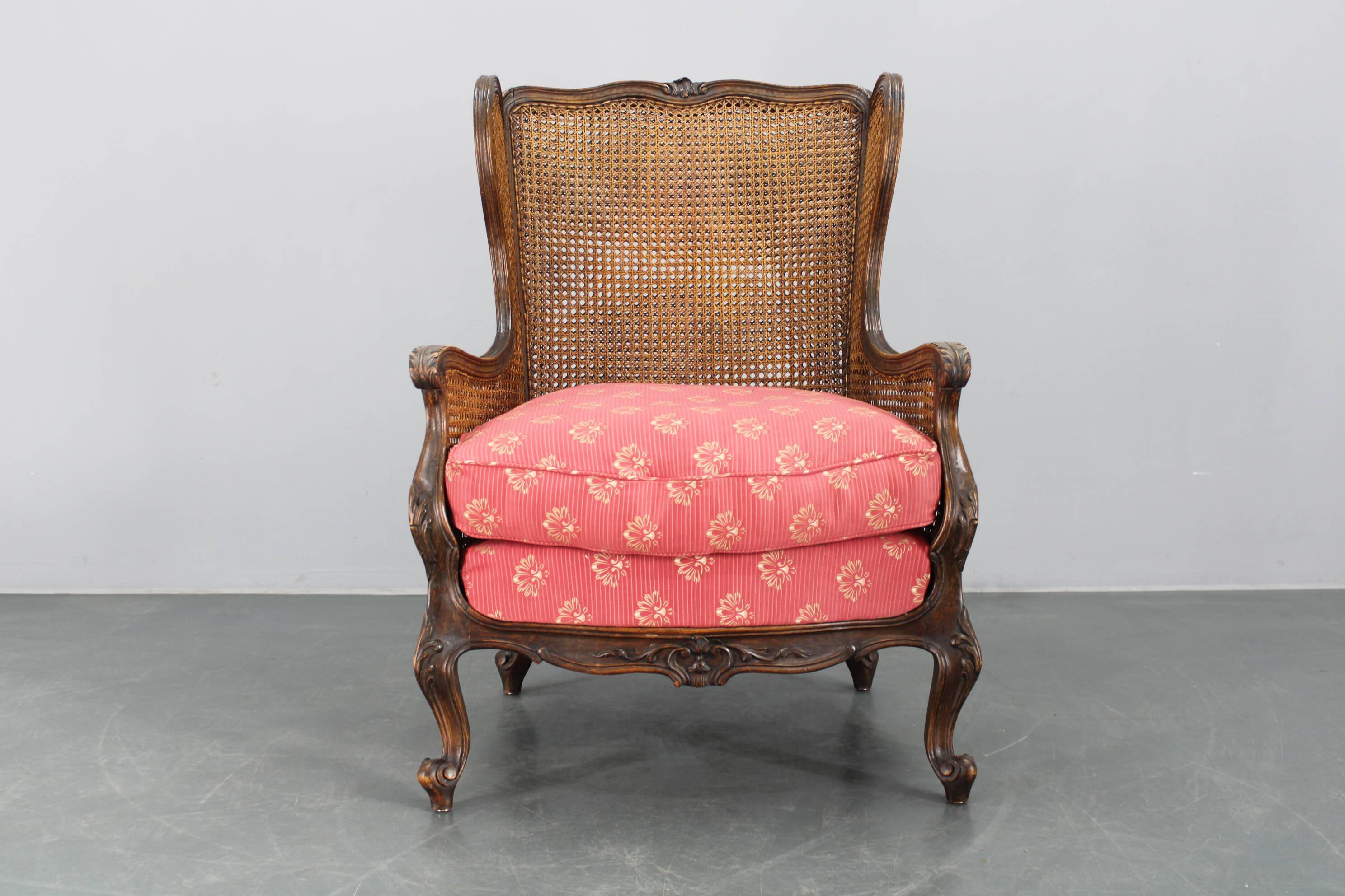 Antique Carved Wing Chair with Cane Sides , Czechoslovakia