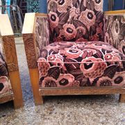 Pair club art deco armchair, carved wood structure, period 1930/50