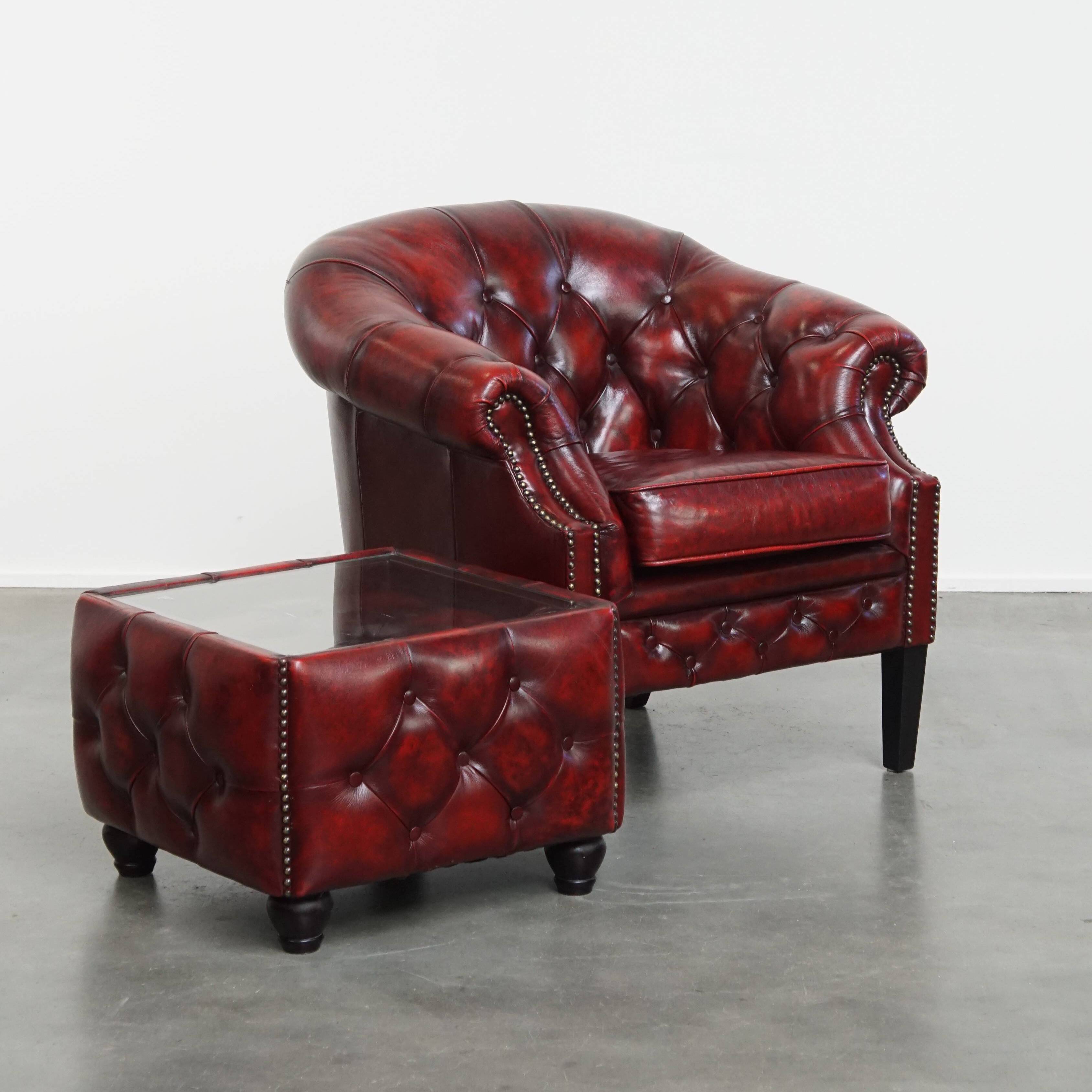 Set of a Red Cowhide Leather Chesterfield Club Chair and Side Table