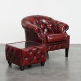 Set of a Red Cowhide Leather Chesterfield Club Chair and Side Table