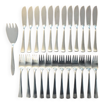 1970 stainless steel fish set designed by Bouillet Bourdelle, 25 pieces
