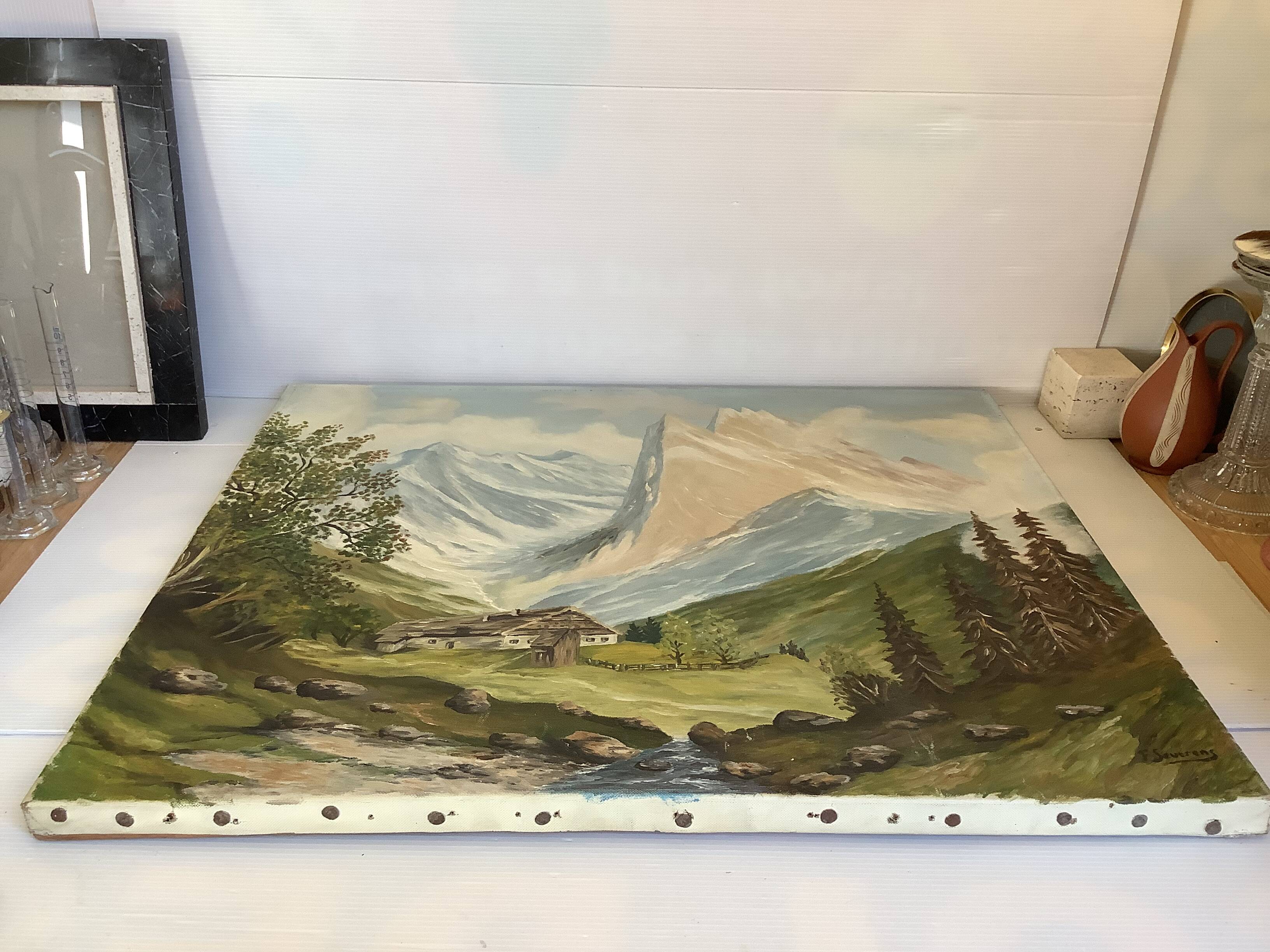 Large mountain landscape painting oil on canvas signed