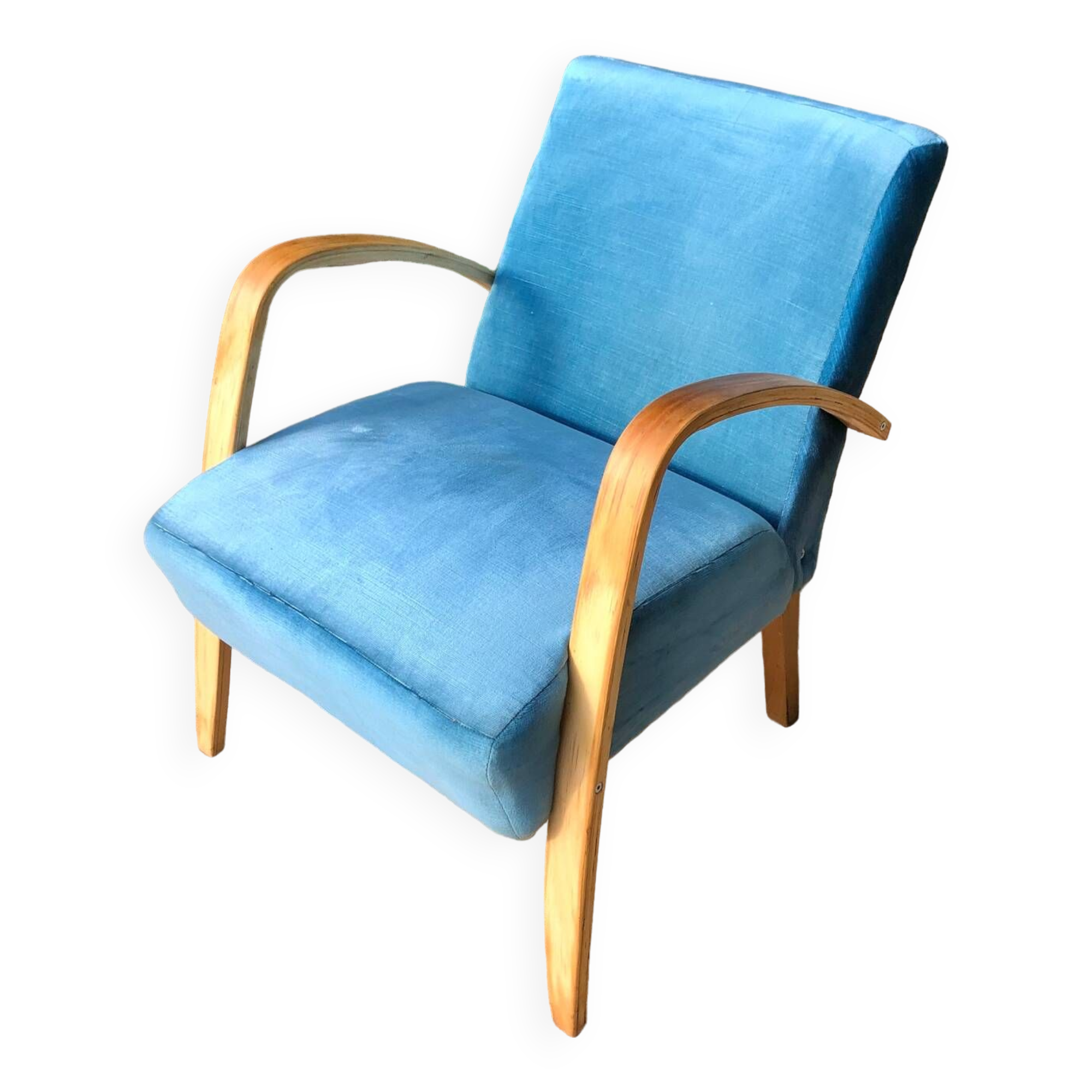 Wooden and blue fabric armchair, 1960