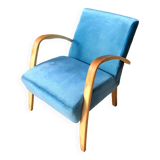 Wooden and blue fabric armchair, 1960