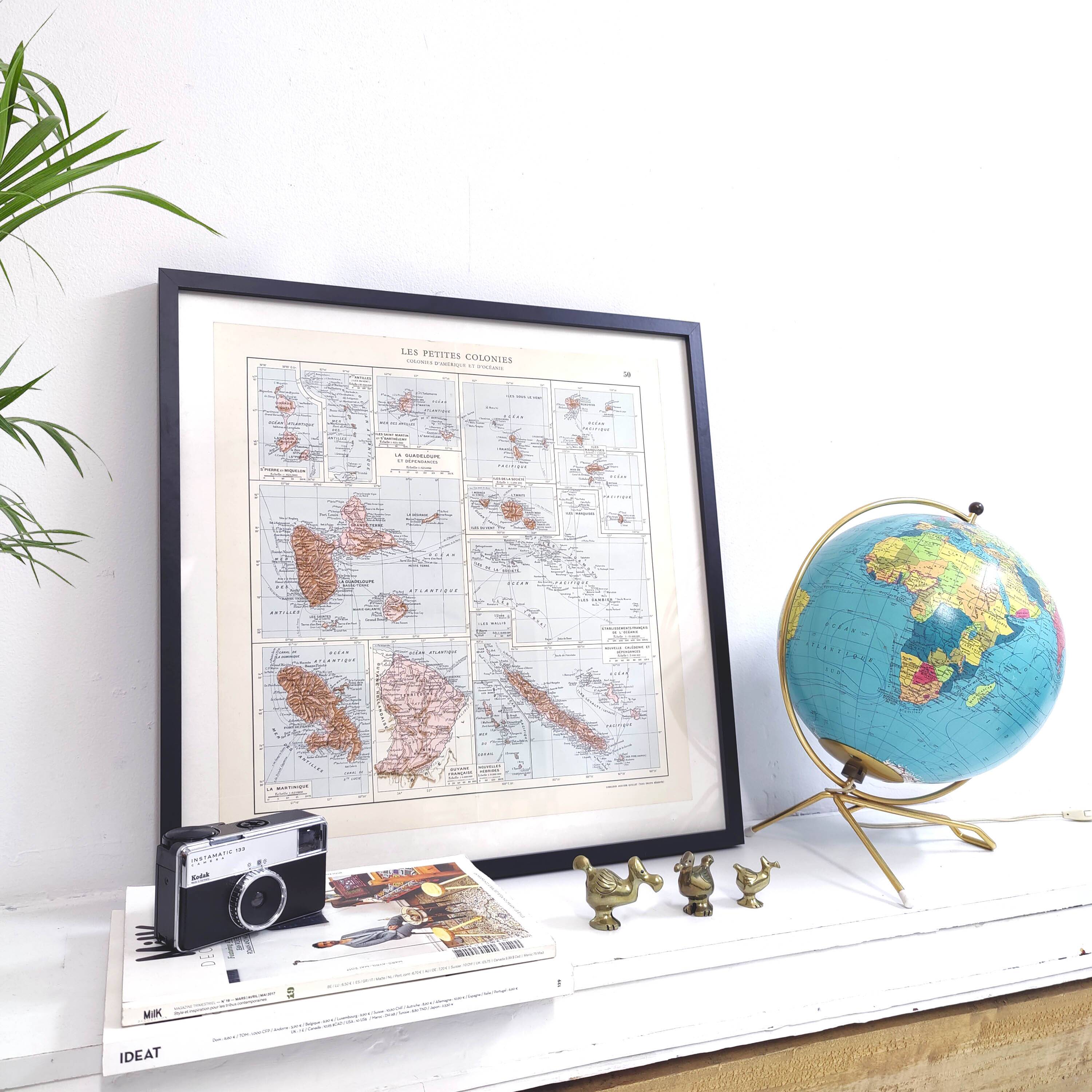 Old map of French overseas departments in 1950 43x43cm