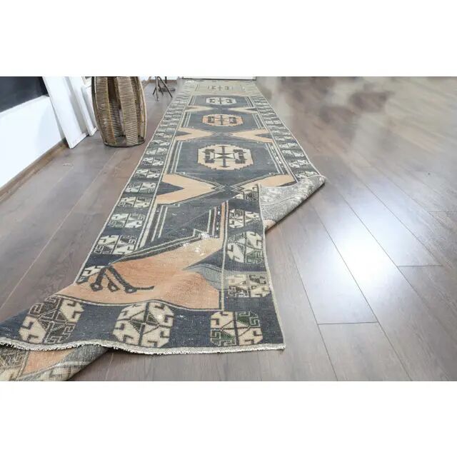 1970s Turkish Oushak Handmade Wool Cotton Green Runner Rug 112x574