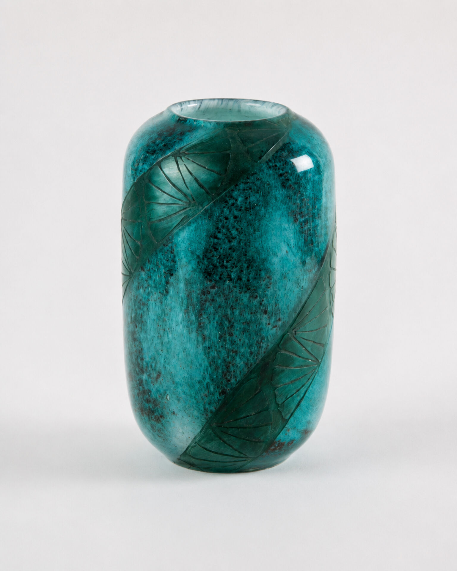 Legras Art Deco Vase - Turquoise marbled glass with palm decoration