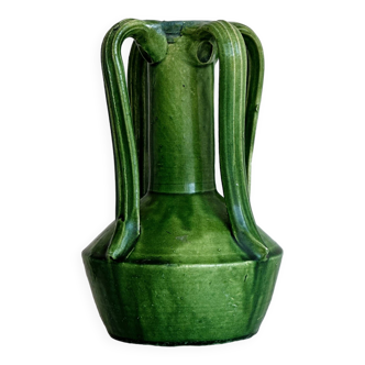 Pottery green ceramic vase with four handles.