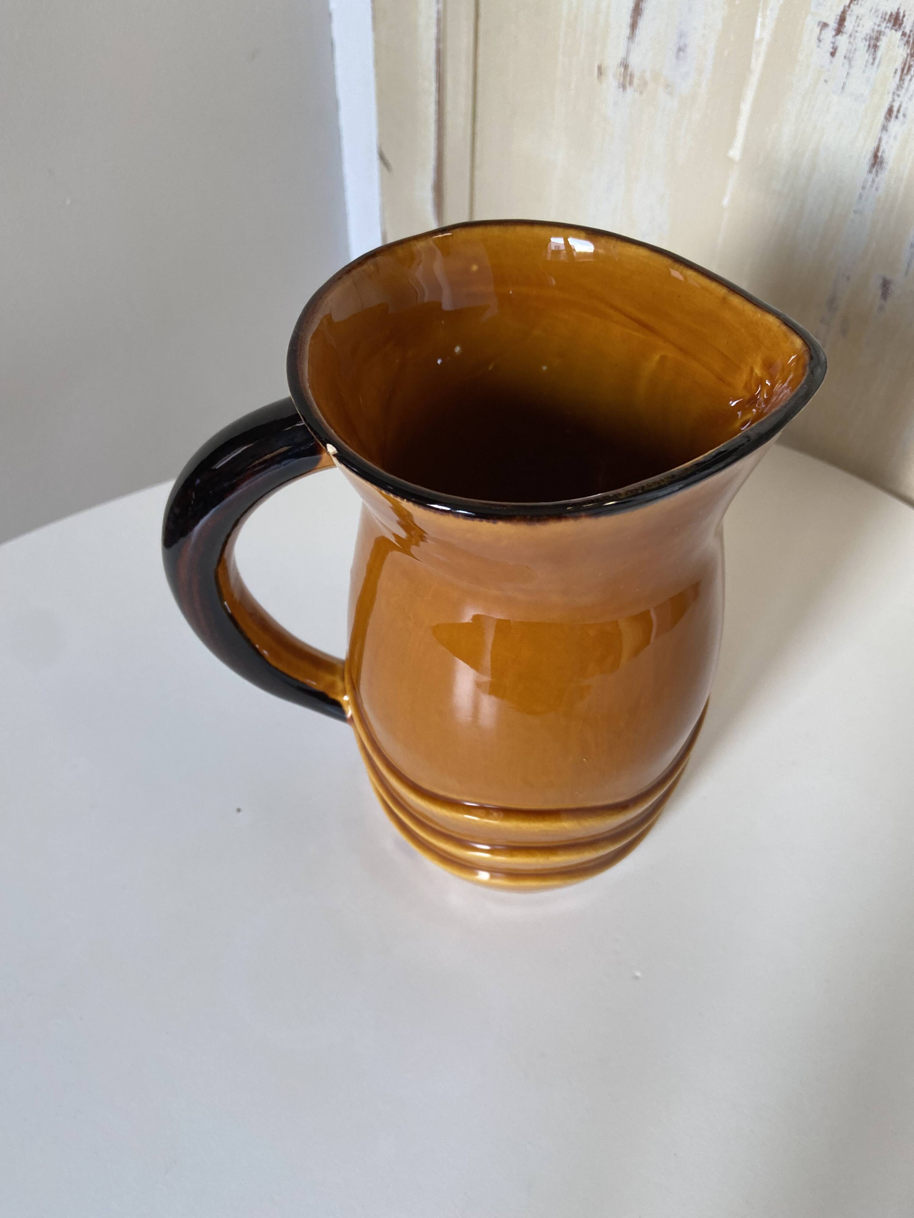 Vintage pitcher carafe Water pot, jug, enamelled ceramic PL France corrugated