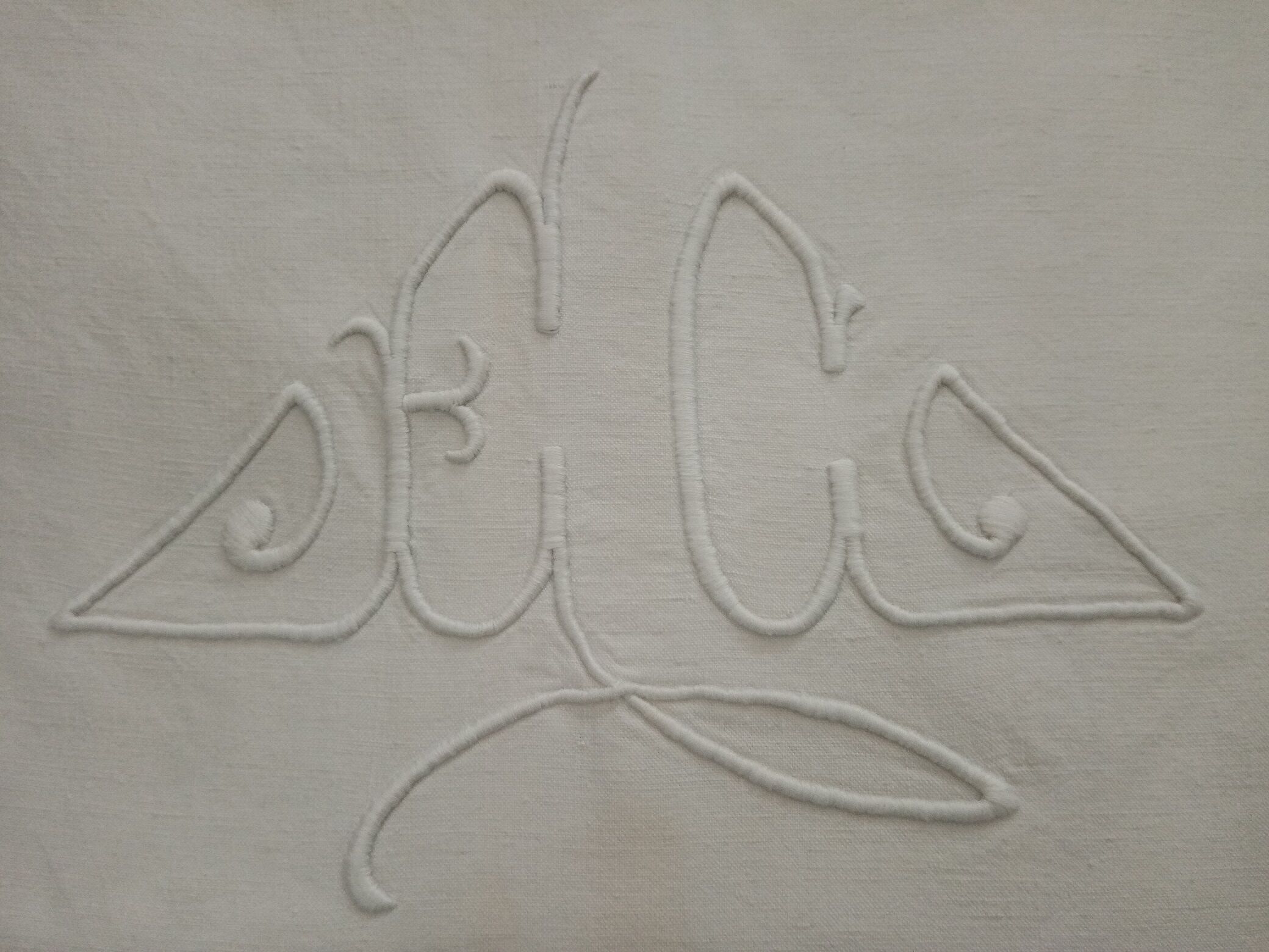 Old embroidered monogram EC métis sheet 300 x 200 cm Art Deco