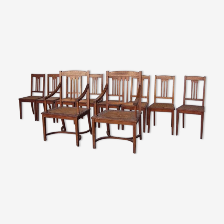 Série de 8 chaises et de deux fautuils de style anglais en acajou et  placage d'acajou | Selency