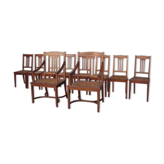 Set of 8 chairs and two fautuils of English style mahogany and mahogany veneer