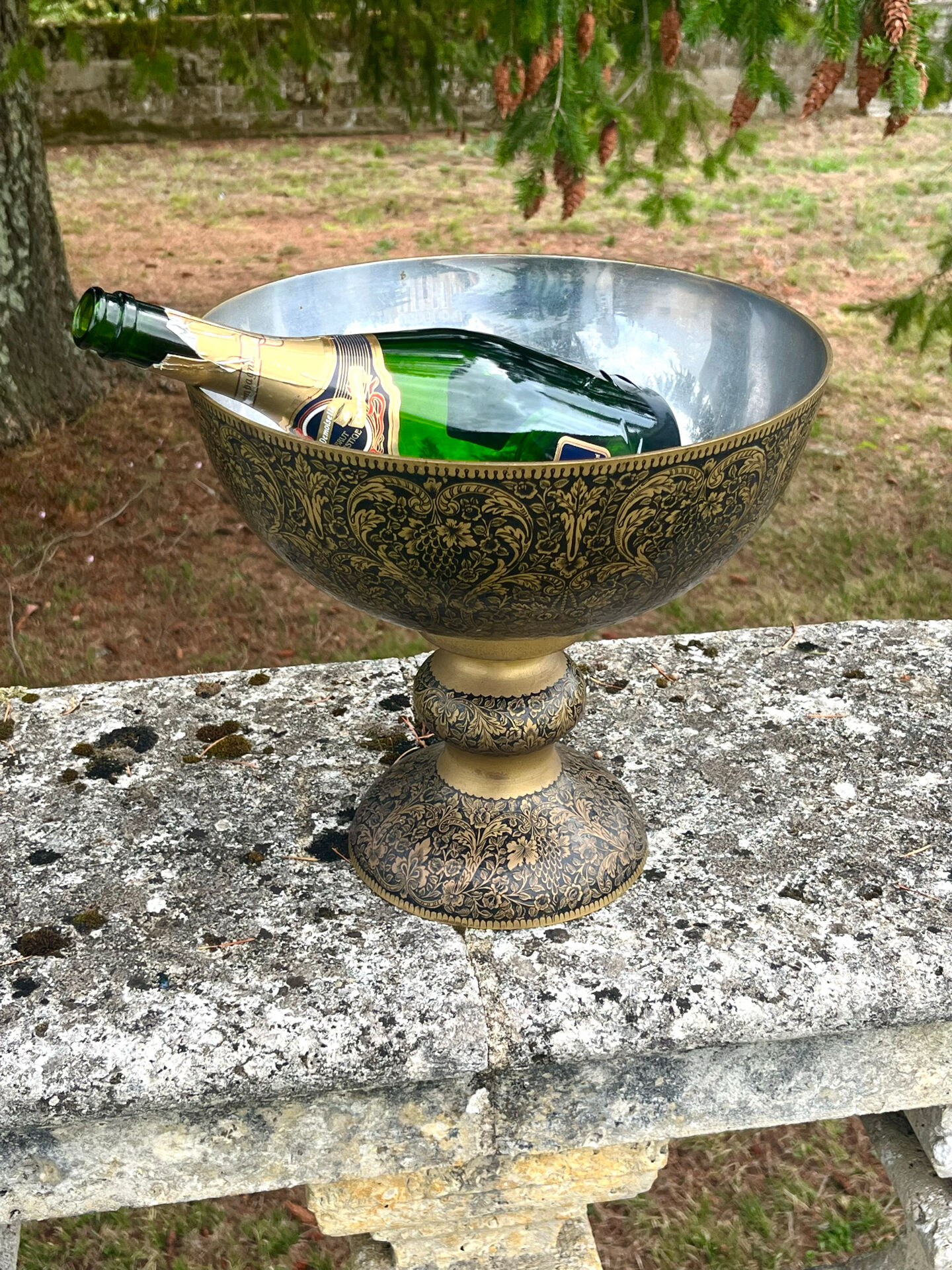 Ornate Floral Pedestal Champagne Cooler, brass ice bucket