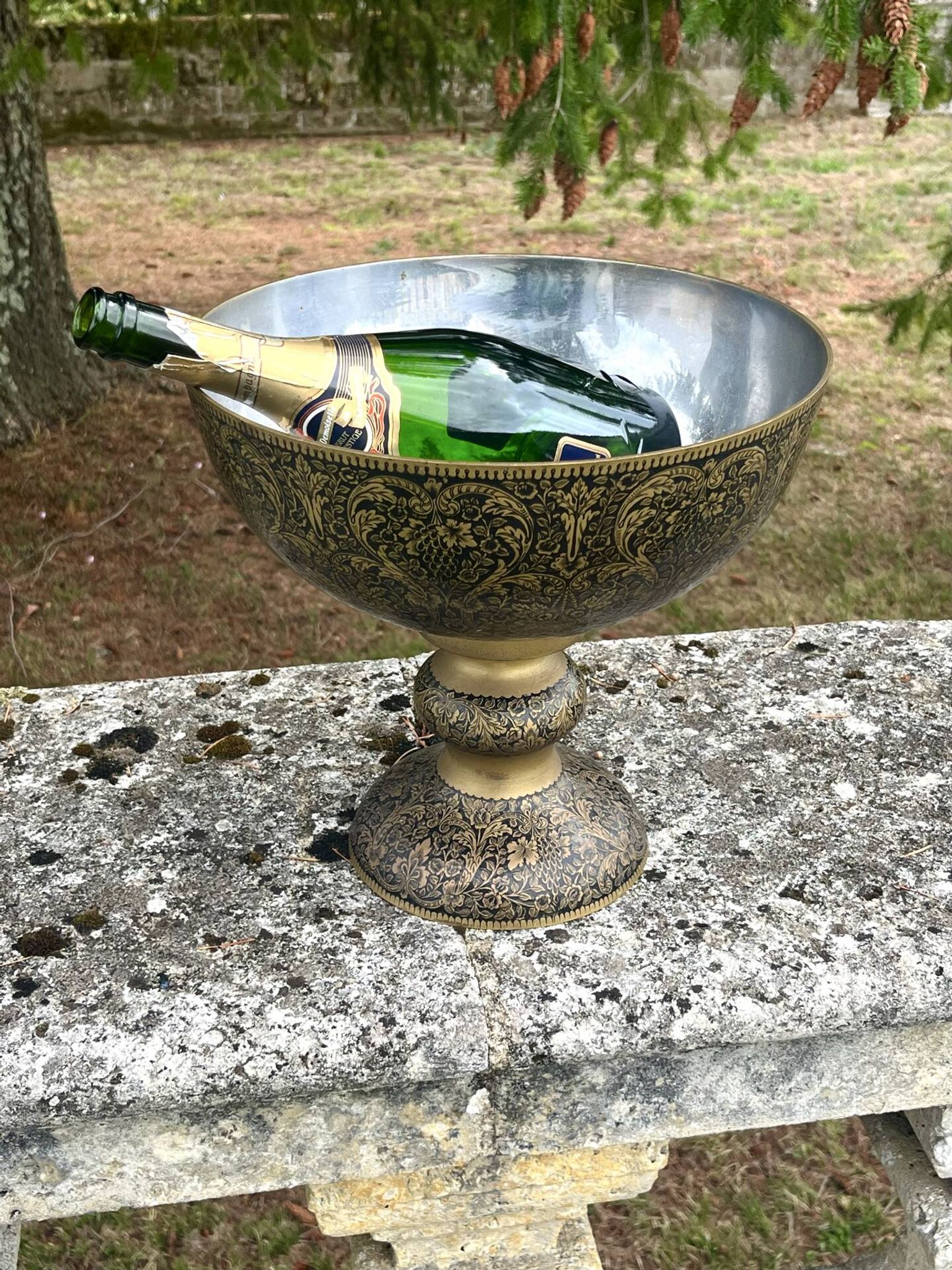 Ornate Floral Pedestal Champagne Cooler, brass ice bucket