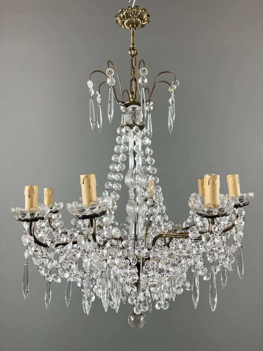 Lustre à pampilles en cristal et bronze, XXe siècle