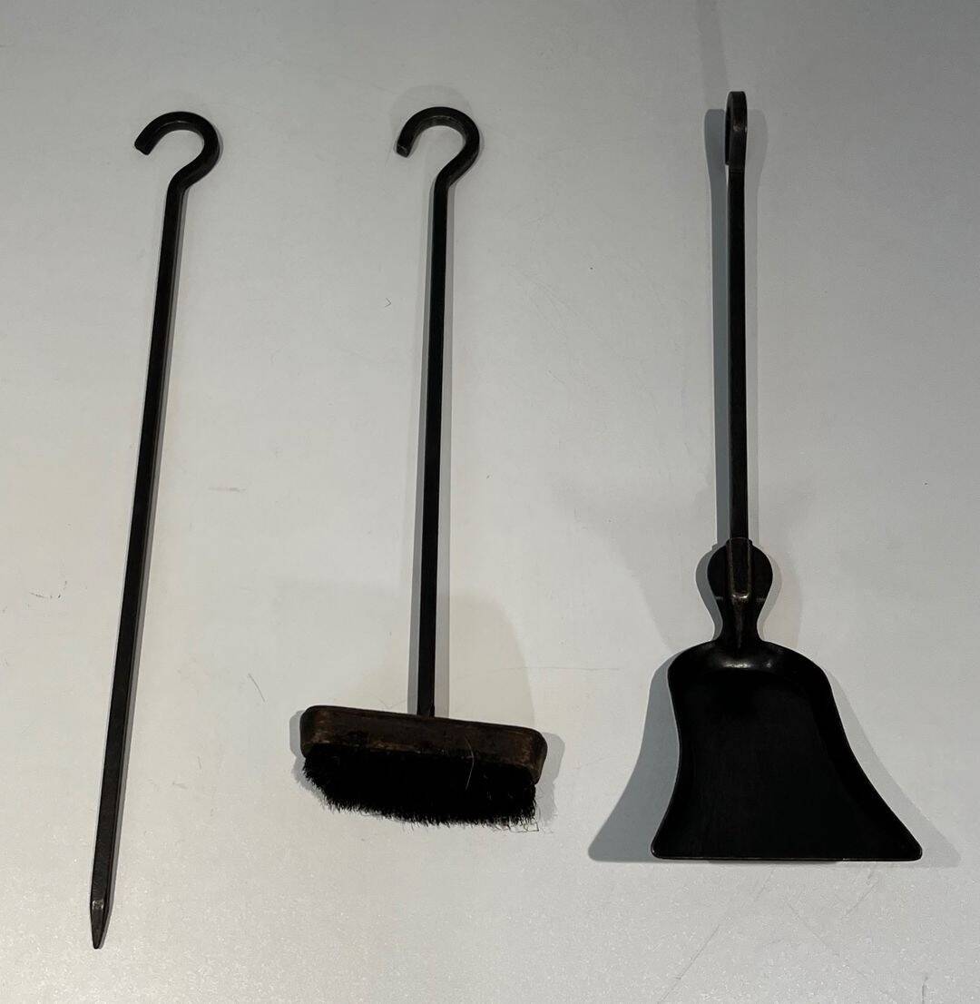 Modernist Fire Necessities in Steel and Brass with Hanging Tools, in the