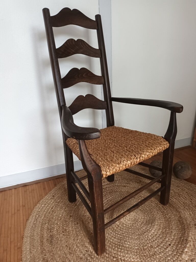 Brutalist armchair in woven straw